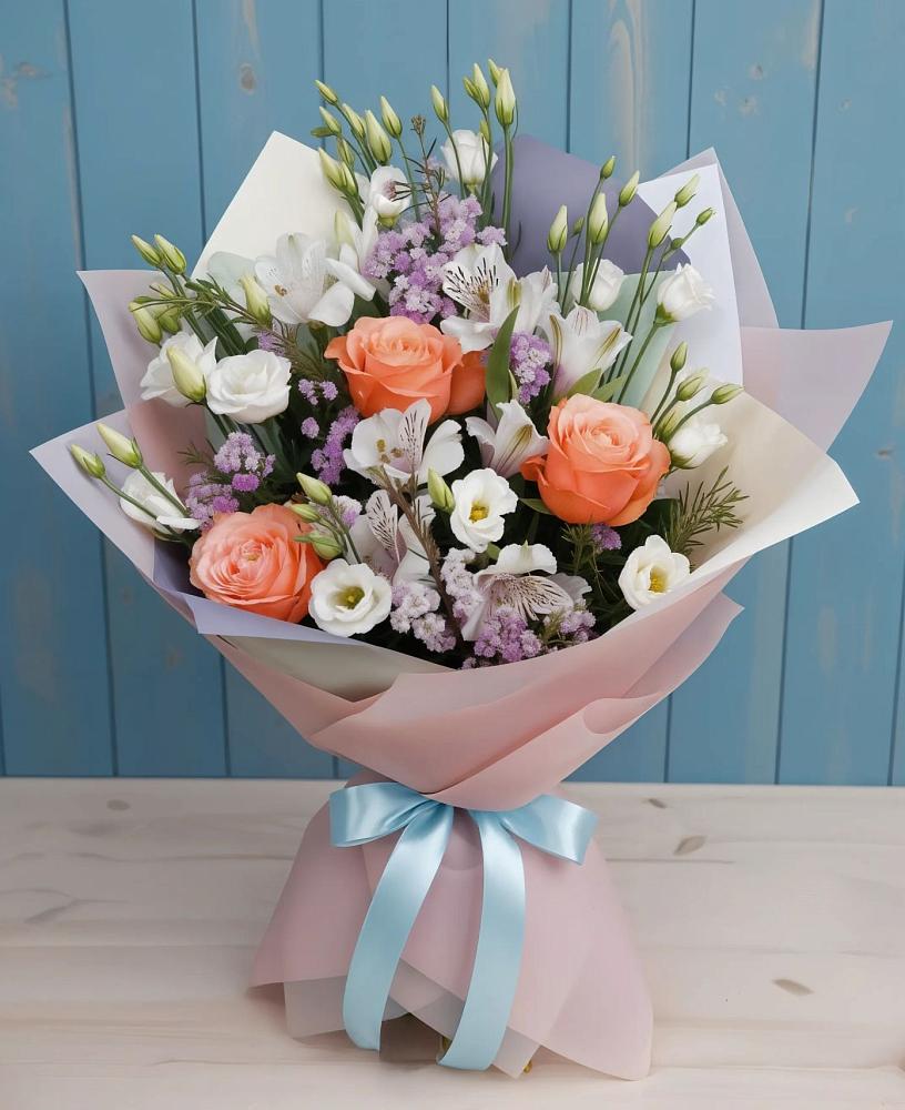 Букет цветов из: Лизиантусы, Розы, Альстромерии и Гипсофила в Мамонтово Алтайский край