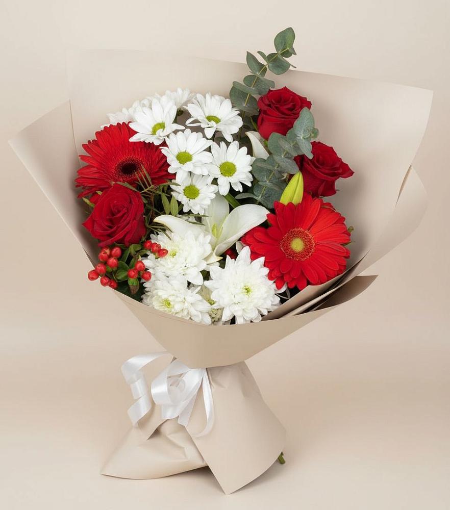 Букет цветов из: Розы, Хризантемы, Герберы и Лилии в Мамонтово Алтайский край