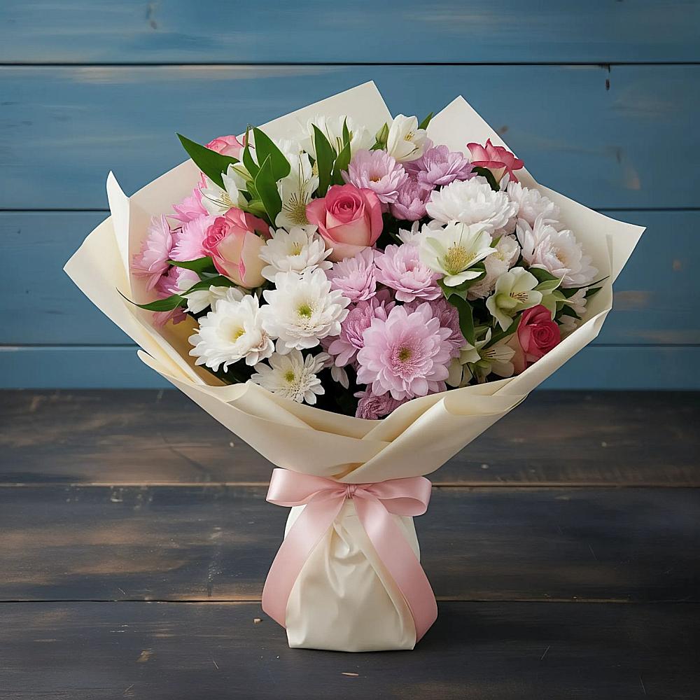 Букет цветов из: Хризантемы, Альстромерии и Розы в Мамонтово Алтайский край